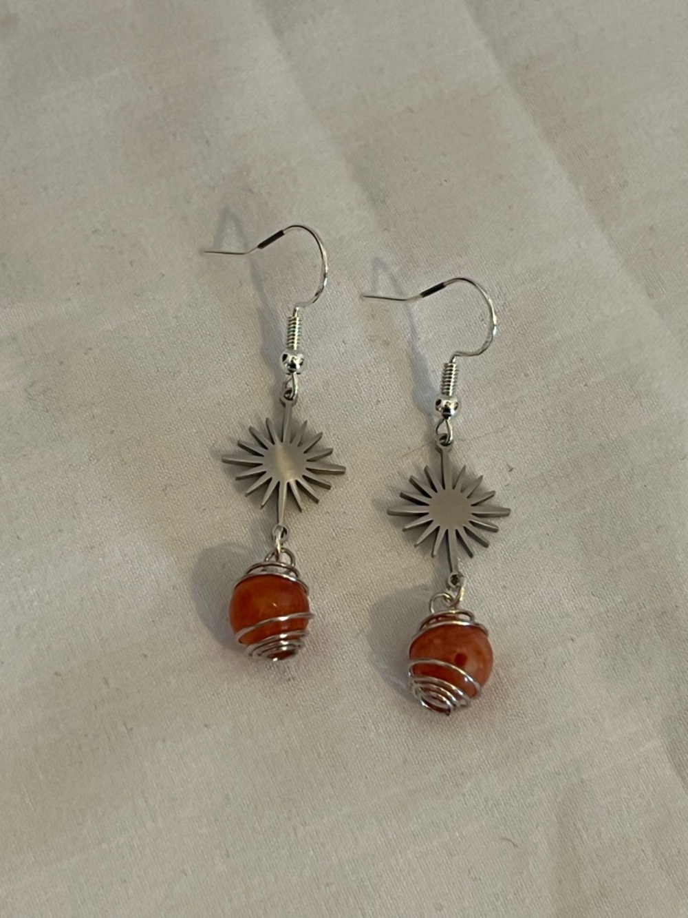 Sunburst Drop Earrings with Chalcedony Stone Beads - Silver Tone
